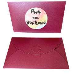 enveloppe fermeture coeur, framboise nacrée et son sticker "Pour ma maîtresse"